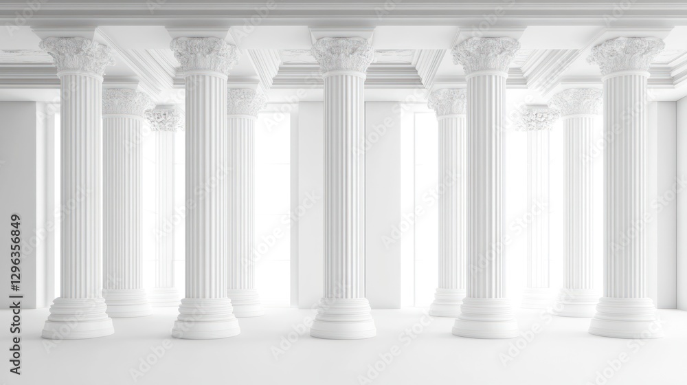 White columns, classical hall, bright windows, minimalist interior, architectural design White columns, classical hall, bright windows, minimalist interior, architectural design