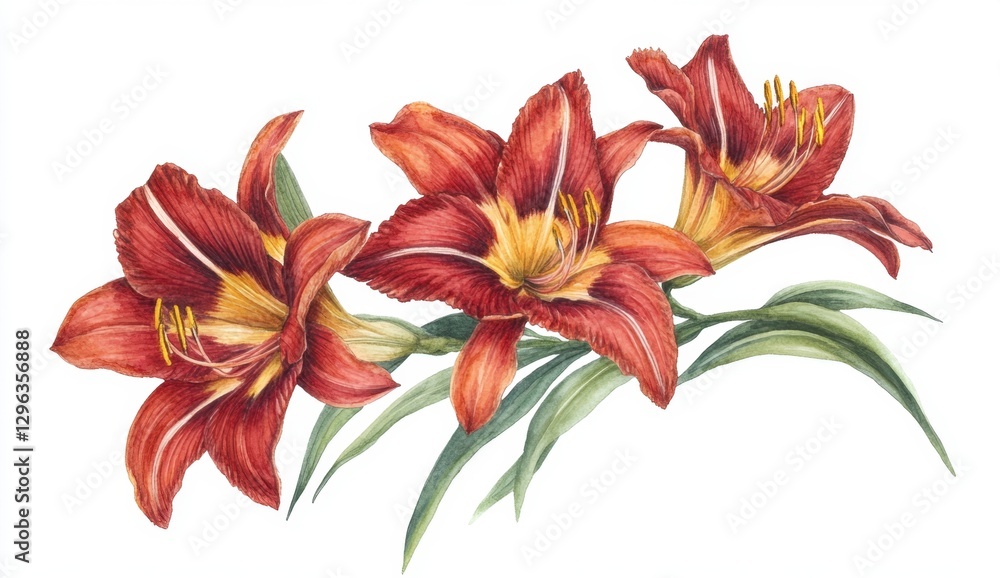 Fototapeta premium Vibrant Red Lilies with Green Leaves in Decorative Floral Arrangement