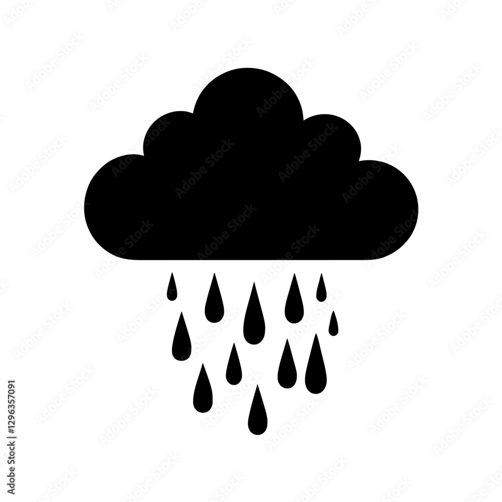 An illustration featuring a black rain cloud silhouette set against a clean white background depicting a cloud with detailed raindrops falling. An illustration featuring a black rain cloud silhouette set against a clean white background depicting a cloud with detailed raindrops falling.