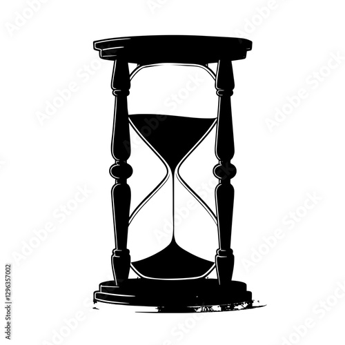 An illustration featuring a black hourglass silhouette set against a clean white background depicting an hourglass with detailed sand flow and frame.