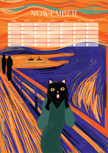The Scream Cat, An Expressive and Surrealist Cat Illustration with Vibrant Brushstrokes, Perpetual Calendar, Poster