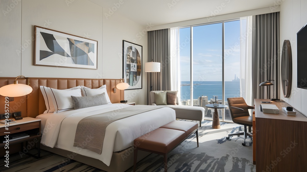 Hotel room with plush bedding, a work desk, and views of the ocean or skyline. Hotel room with plush bedding, a work desk, and views of the ocean or skyline.