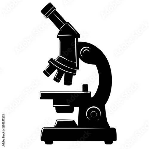 An illustration featuring a black microscope silhouette set against a clean white background depicting a laboratory microscope with detailed lenses and adjustment knobs.