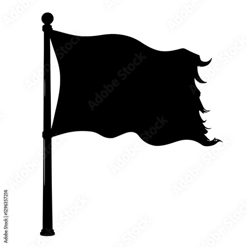 An illustration featuring a black flag silhouette set against a clean white background showing a waving flag with detailed folds and pole.