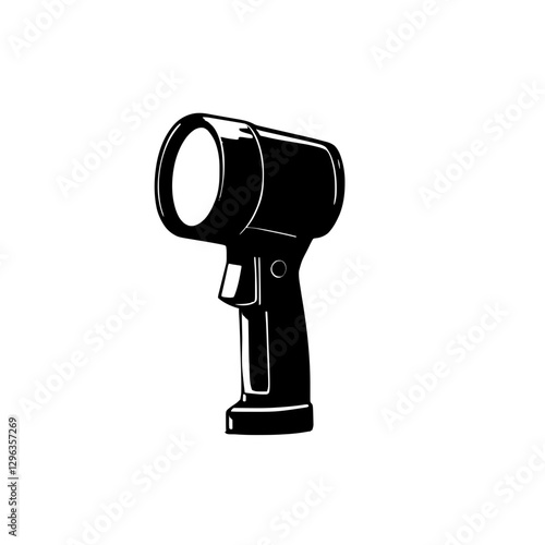 An illustration featuring a black flashlight silhouette set against a clean white background depicting a handheld flashlight with detailed grip and light beam.