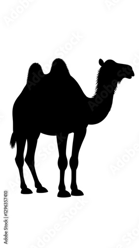 An illustration featuring a black camel silhouette set against a clean white background showing a camel with detailed humps and legs, symbolizing endurance and travel.