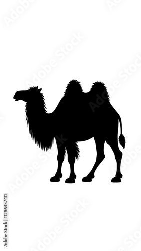 An illustration featuring a black camel silhouette set against a clean white background showing a camel with detailed humps and legs, symbolizing endurance and travel.