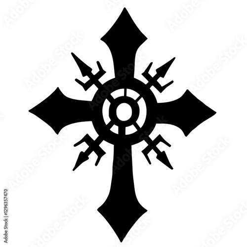 An illustration featuring a black sacred mark silhouette set against a clean white background depicting a character with sharp angles and spirals, symbolizing divine protection and power.