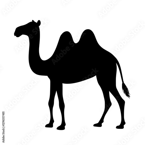 An illustration featuring a black camel silhouette set against a clean white background showing a camel with detailed humps and legs, symbolizing endurance and travel.