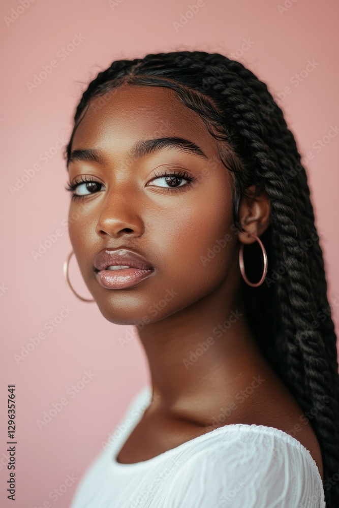 Portrait of a young woman with braids and hoop earrings against a pastel background, showcasing beauty, confidence, and diverse fashion trends in photography. Portrait of a young woman with braids and hoop earrings against a pastel background, showcasing beauty, confidence, and diverse fashion trends in photography.