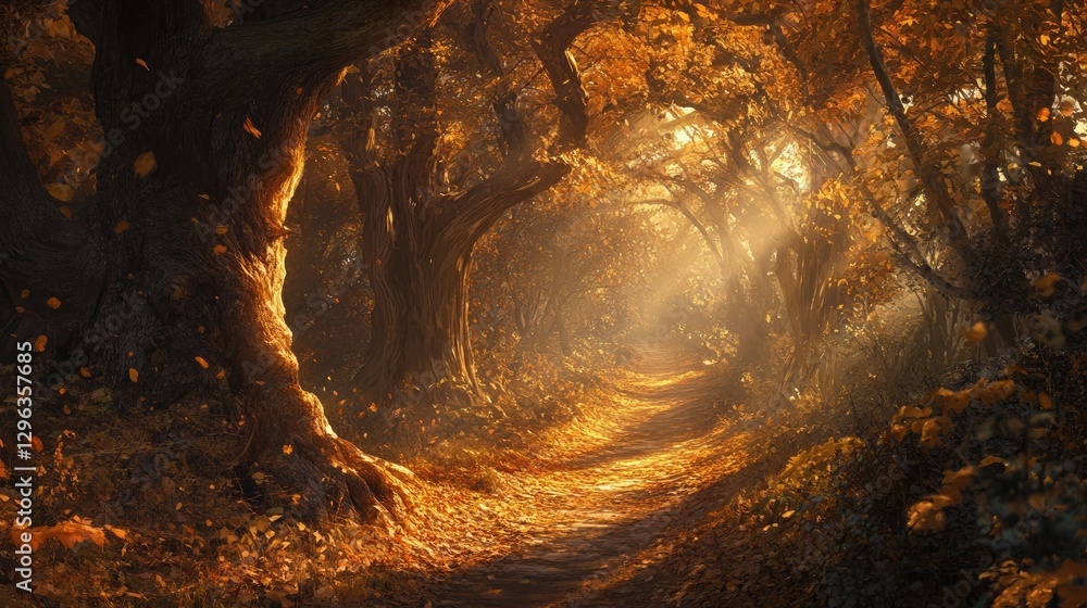 A quiet forest trail covered in warm autumn leaves, with golden light streaming through the branches, casting enchanting shadows along the path A quiet forest trail covered in warm autumn leaves, with golden light streaming through the branches, casting enchanting shadows along the path