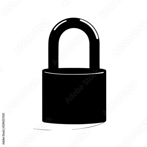 An illustration featuring a black lock silhouette set against a clean white background depicting a classic padlock with detailed shackle and body design.