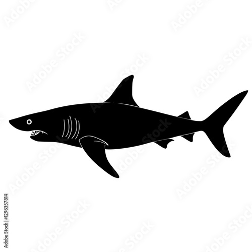 An illustration featuring a black shark silhouette set against a clean white background showing a shark swimming with detailed fins and teeth, symbolizing strength and dominance.