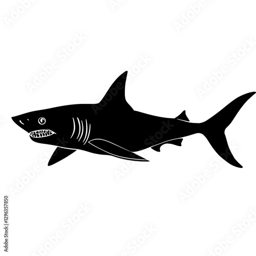 An illustration featuring a black shark silhouette set against a clean white background showing a shark swimming with detailed fins and teeth, symbolizing strength and dominance.