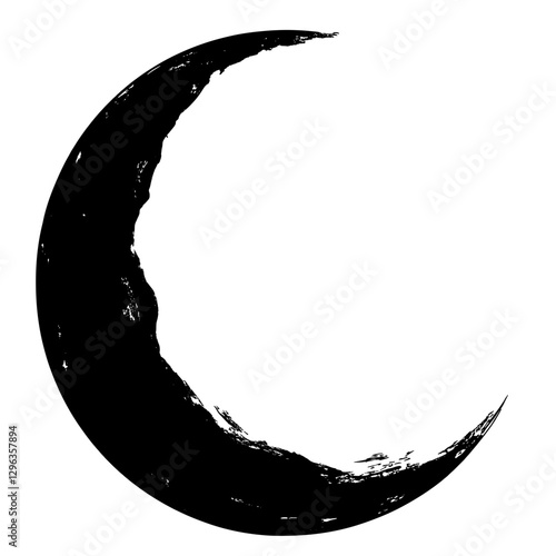 An illustration featuring a black moon silhouette set against a clean white background showing a crescent moon with detailed craters and texture.