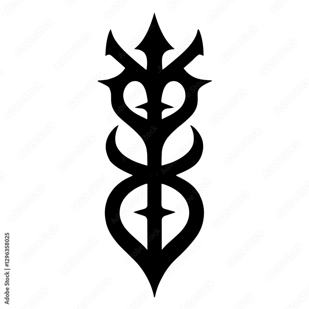 An illustration featuring a black ancient sigil silhouette set against a clean white background depicting a character with complex intersections and curves, symbolizing destiny and fate. An illustration featuring a black ancient sigil silhouette set against a clean white background depicting a character with complex intersections and curves, symbolizing destiny and fate.