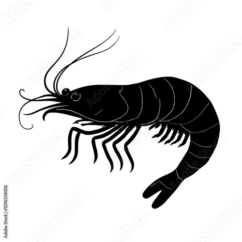 An illustration featuring a black shrimp silhouette set against a clean white background showing a shrimp with detailed antennae and legs, symbolizing delicacy and agility.
