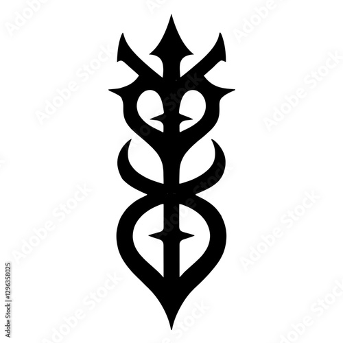 An illustration featuring a black ancient sigil silhouette set against a clean white background depicting a character with complex intersections and curves, symbolizing destiny and fate.
