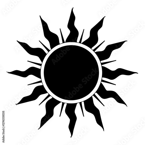 An illustration featuring a black sun silhouette set against a clean white background depicting a circle with radiating rays in detailed patterns.