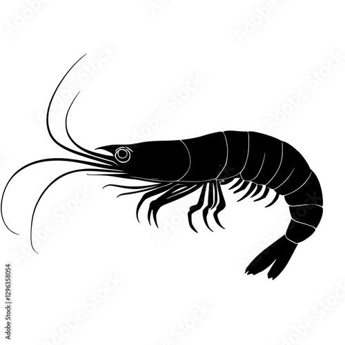 An illustration featuring a black shrimp silhouette set against a clean white background showing a shrimp with detailed antennae and legs, symbolizing delicacy and agility.