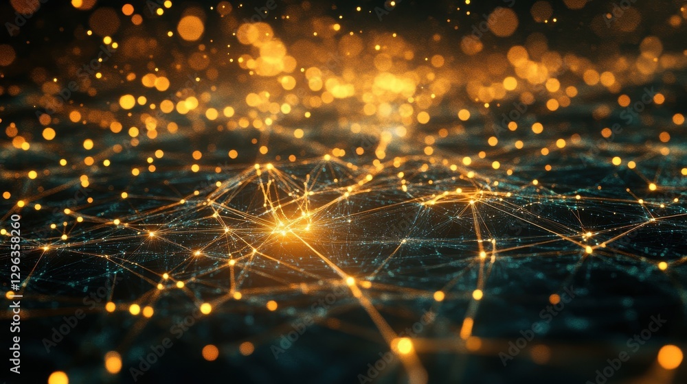 Obraz premium Glowing data points forming a complex network in a digital landscape