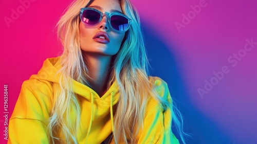 A fashion-forward hipster woman, clad in a trendy ensemble, exuded style through her effortlessly cool blonde hair and bold makeup against a pulsating backdrop of neon lights, her confident aura photo