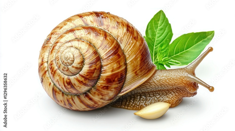 Edible snail, with basil leaves and garlic, studio shot Edible snail, with basil leaves and garlic, studio shot