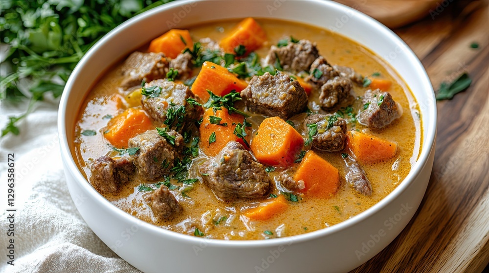 Creamy carrot and beef soup in a white bowl Creamy carrot and beef soup in a white bowl