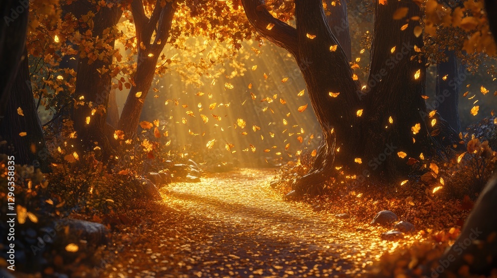 An enchanting forest pathway in autumn, glowing with golden light and lined with vibrant fallen leaves, creating a magical atmosphere An enchanting forest pathway in autumn, glowing with golden light and lined with vibrant fallen leaves, creating a magical atmosphere