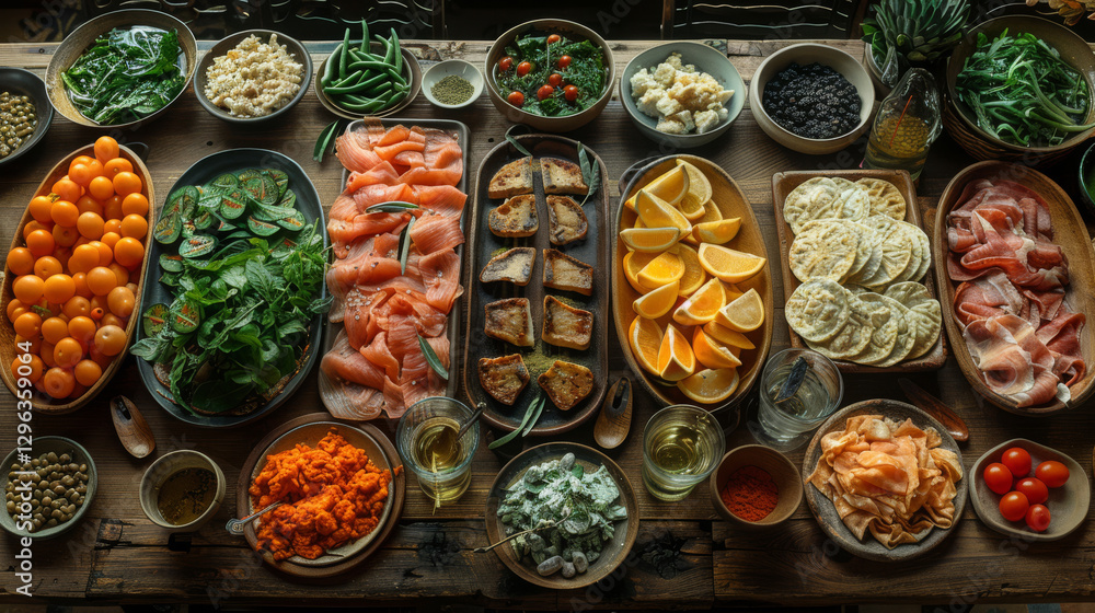 Fototapeta premium Overhead display of salmon, citrus, and fresh greens on wooden table 