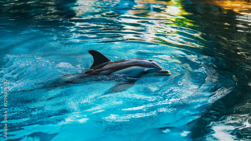 Obraz premium Dolphin swims through crystal clear turquoise water, creating gentle ripples on the surface