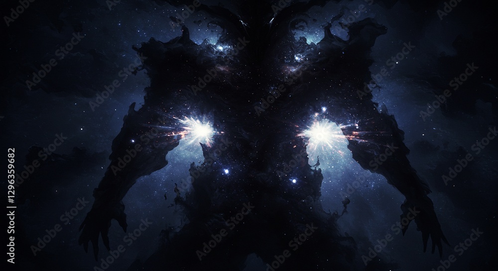 Fototapeta premium Mysterious Cosmic Figure with Glowing Lights in Dark Nebula Space Art