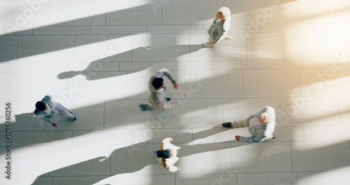 Cuadro en lienzo Business people, crowd walking and top view in office with employee and worker travel