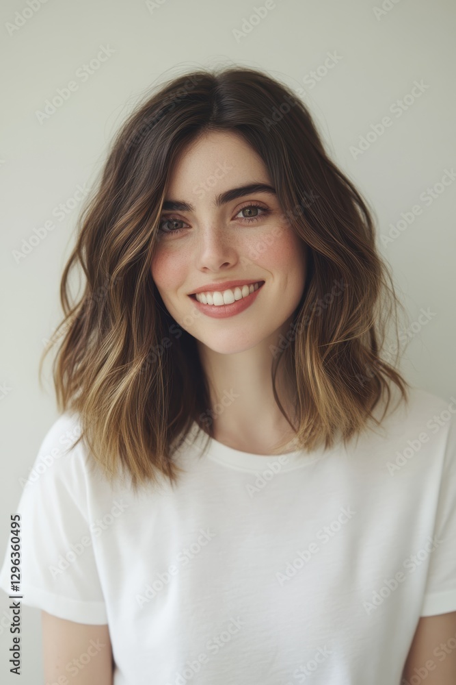 Smiling young woman with natural beauty and long hair in casual white t-shirt, portrait photography, personal branding, lifestyle and wellness concept. Smiling young woman with natural beauty and long hair in casual white t-shirt, portrait photography, personal branding, lifestyle and wellness concept.