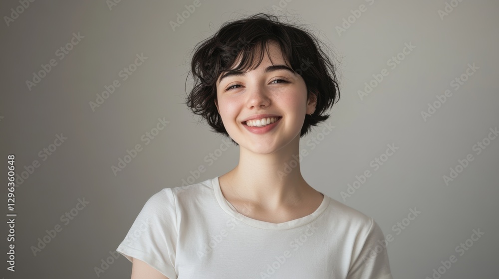 Smiling young woman with short hair wearing casual clothing, portrait in studio, natural lighting, friendly expression, cheerful attitude, happiness concept. Smiling young woman with short hair wearing casual clothing, portrait in studio, natural lighting, friendly expression, cheerful attitude, happiness concept.