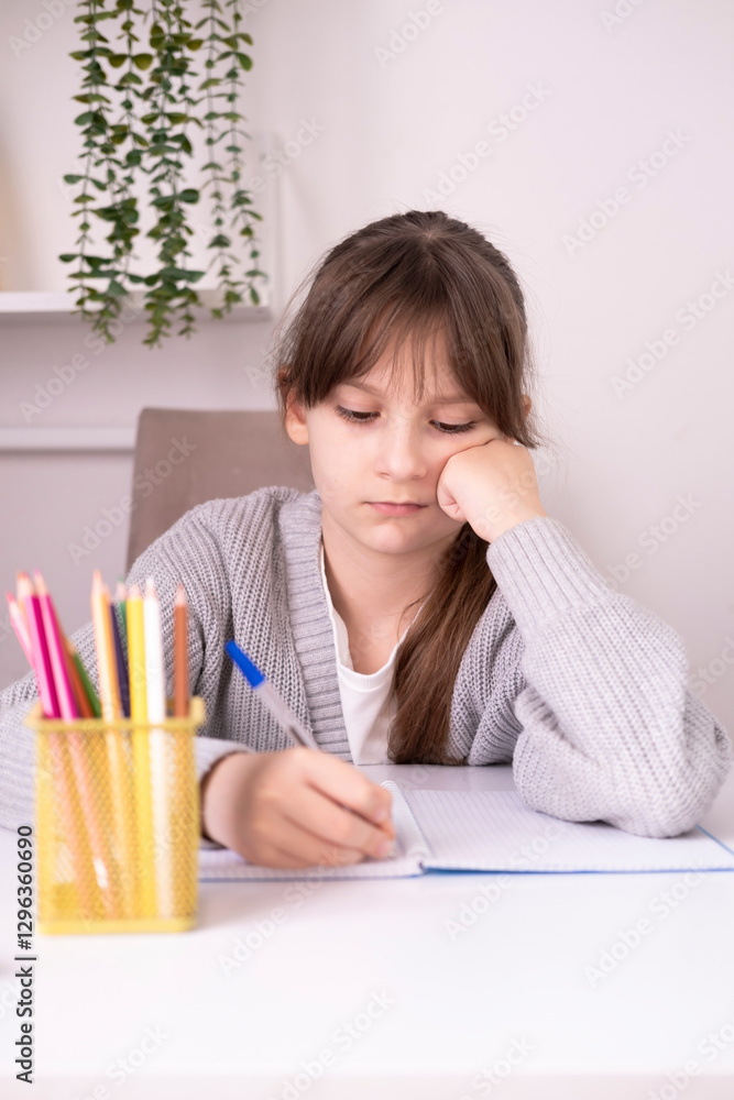 Tired, frustrated student is sitting at desk doing his homework. Learning difficulties, the concept of education. Student experiencing stress during homeschooling. vertical. Tired, frustrated student is sitting at desk doing his homework. Learning difficulties, the concept of education. Student experiencing stress during homeschooling. vertical.