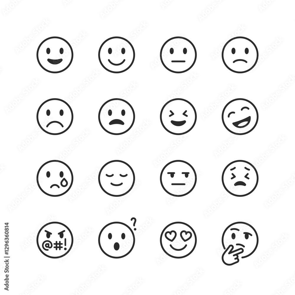 Emotion and Expression, emoji, linear style icons set. Variety of facial expressions, from happiness and sadness to surprise and anger. Editable stroke width Emotion and Expression, emoji, linear style icons set. Variety of facial expressions, from happiness and sadness to surprise and anger. Editable stroke width