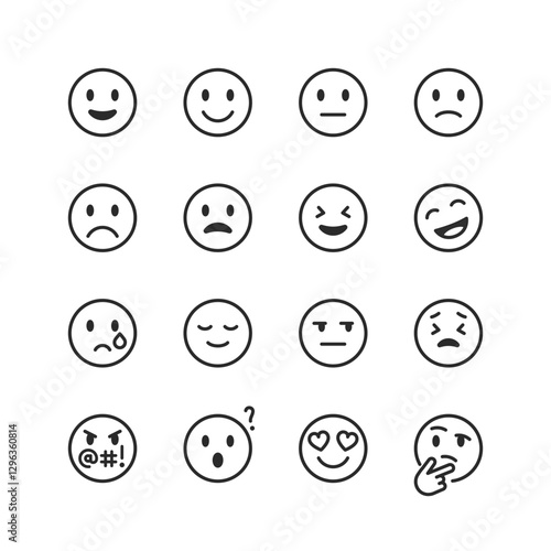 Emotion and Expression, emoji, linear style icons set. Variety of facial expressions, from happiness and sadness to surprise and anger. Editable stroke width