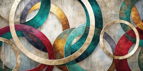 Abstract Intertwined Rings of Distinctive Hues and Textures on a Textured Background