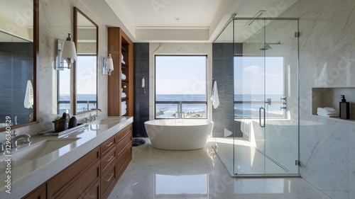 Luxe bathroom with polished stone finishes, sleek fixtures, and a glass-walled shower.