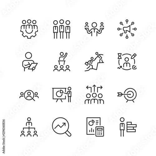 Management, linear style icon set. Team management, decision making, marketing communication, planning, leadership, career development, talent search, performance tracking. Editable stroke width