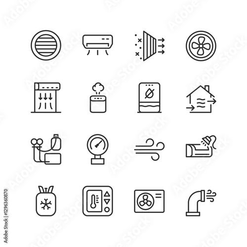 Maintenance of Air Conditioning Equipment, linear style icon set. Tools and processes for servicing, repairing, and maintaining air conditioning systems. Editable stroke width