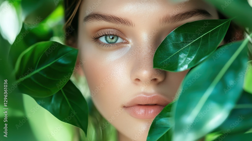 A serene beauty, her face framed by lush green leaves, exudes natural radiance. Close-up on a woman is face, adorned with a delicate green leaf, symbolizing healthy skin and beauty treatments. A A serene beauty, her face framed by lush green leaves, exudes natural radiance. Close-up on a woman is face, adorned with a delicate green leaf, symbolizing healthy skin and beauty treatments. A