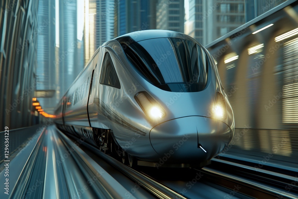 Fototapeta premium High Speed Rail in Cityscape - Sleek high-speed train traveling through a modern city at high speed