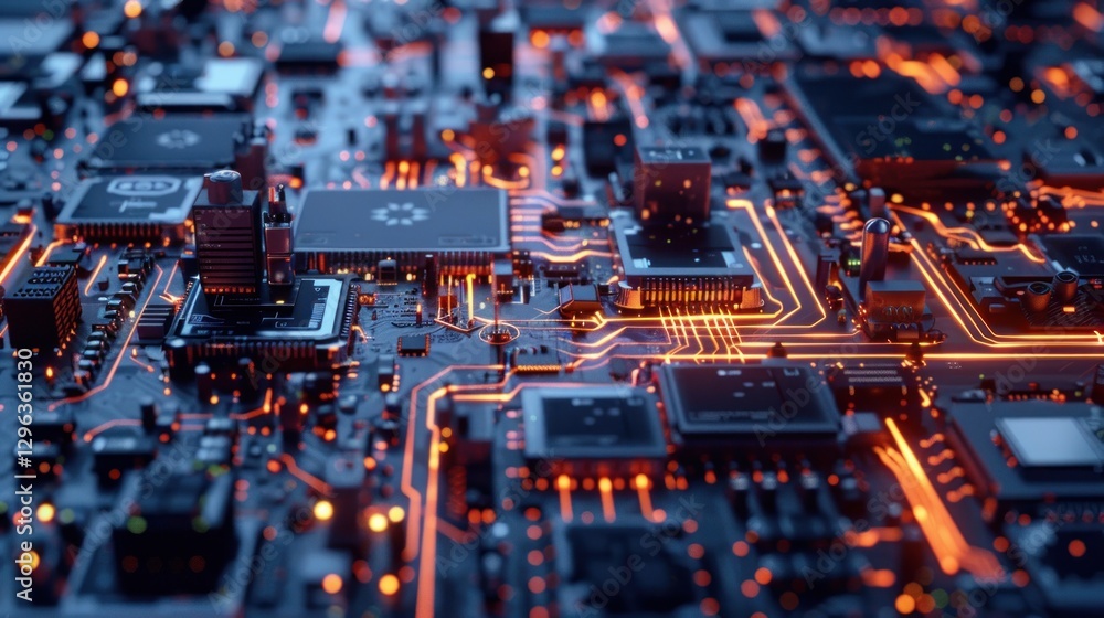 Obraz premium Circuit Board with Glowing Orange Lines