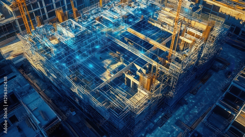 Smart city construction digital blueprint overlaid on building site Smart city construction digital blueprint overlaid on building site