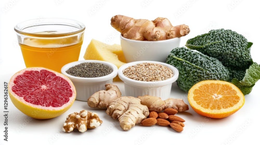 Assorted food items displayed on a table including bread fruits and vegetables for a healthy meal Assorted food items displayed on a table including bread fruits and vegetables for a healthy meal
