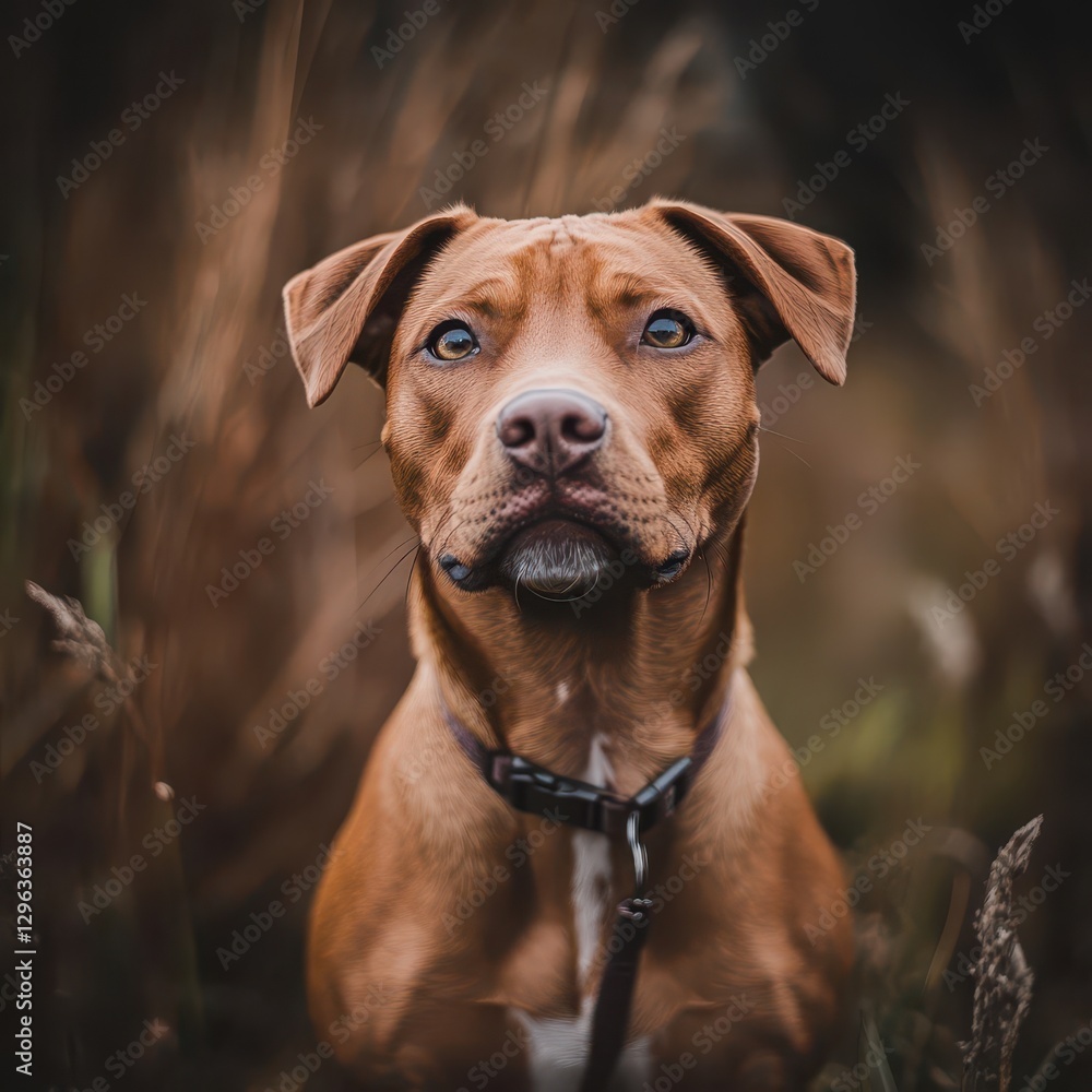 Dog standing proudly in tall grass at sunset Dog standing proudly in tall grass at sunset