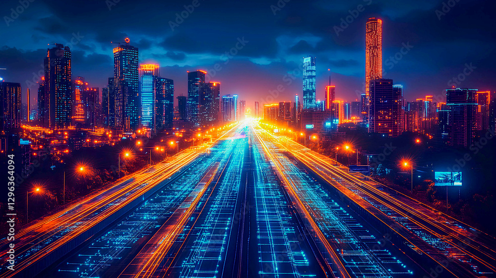 Fototapeta premium City skyline illuminated at night with vibrant lights and streaming traffic creating a dynamic urban atmosphere