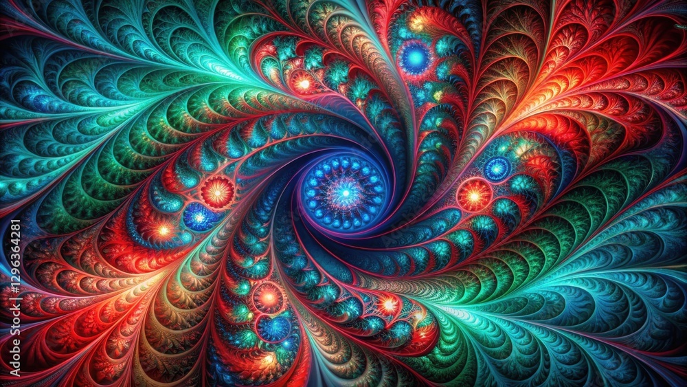 Abstract swirling fractal art with vibrant teal, red, and blue hues, showcasing intricate patterns and luminous details, creating a mesmerizing visual experience. Abstract swirling fractal art with vibrant teal, red, and blue hues, showcasing intricate patterns and luminous details, creating a mesmerizing visual experience.